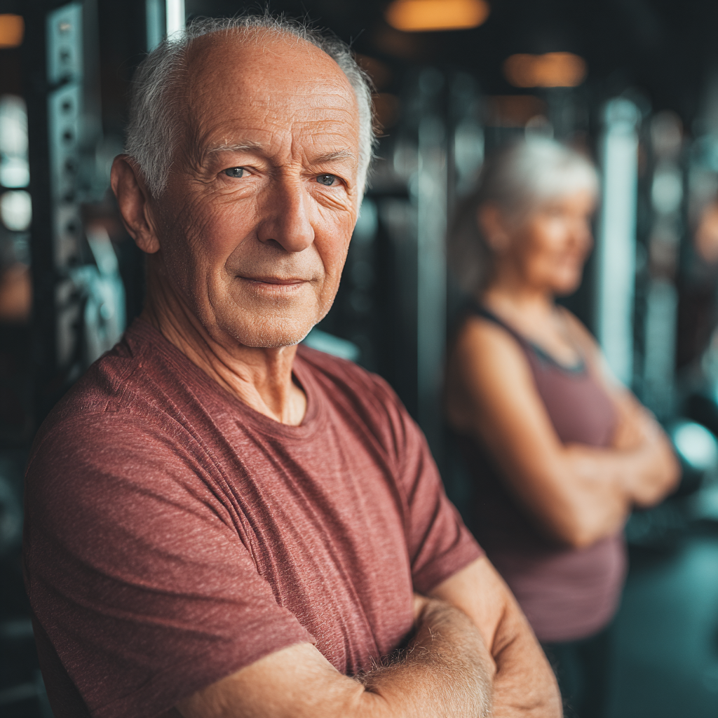 Senior adult exercising with confidence in fitness environment